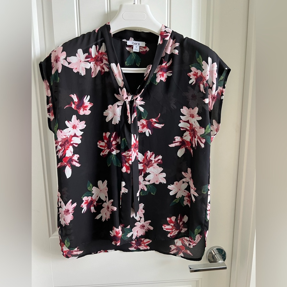 Bar III Floral Blouse with Neck Tie